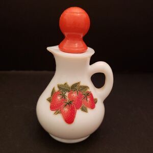 Avon Strawberries Cream Glass Pitcher Bottle w/ Stopper Red White Vintage Retro